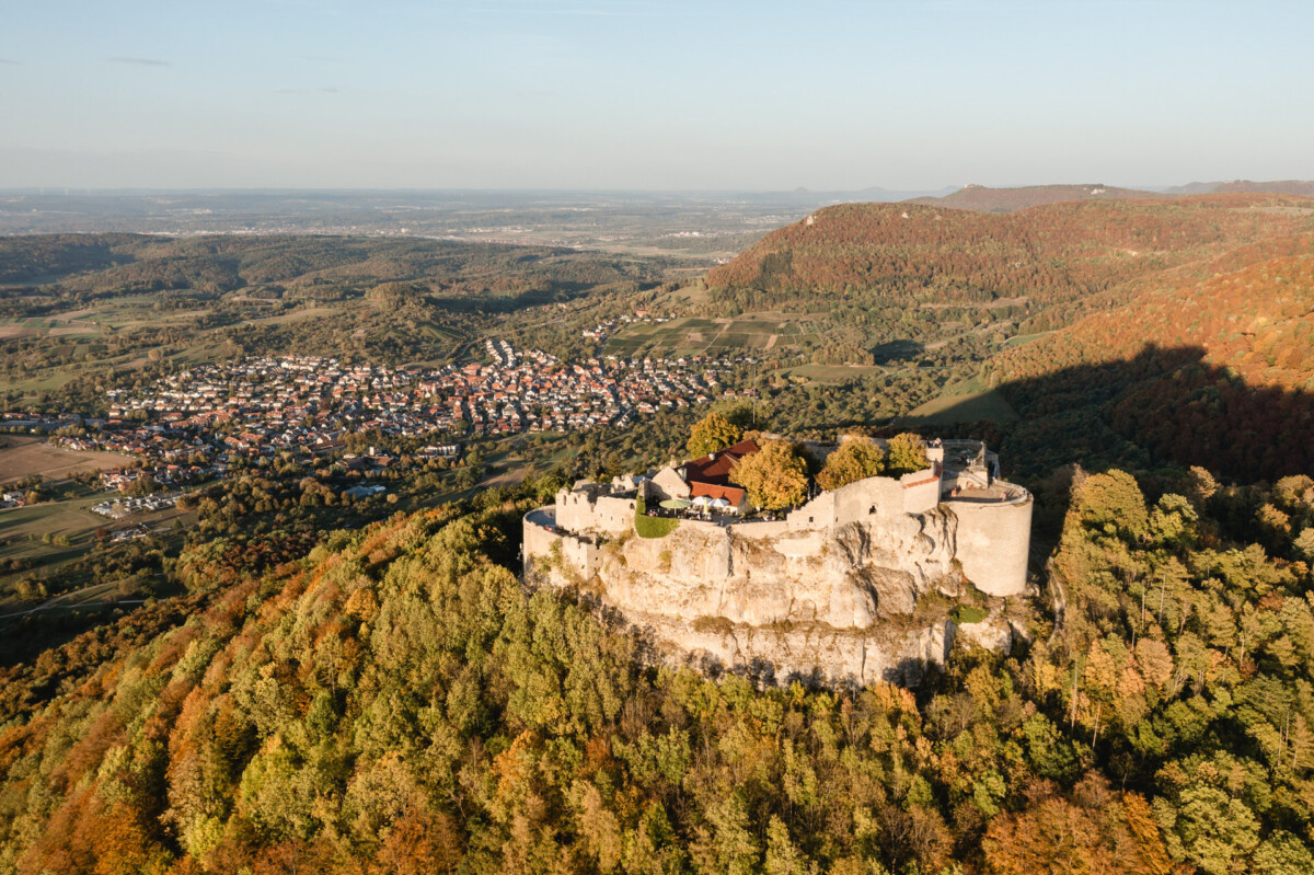 Luftaufnahme einer alten Steinburg, umgeben von bewaldeten Hügeln, mit einer Stadt im Tal darunter.