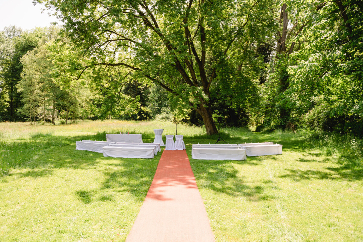 Aufbau einer Hochzeitszeremonie im Freien mit weißen Bänken, die im Halbkreis auf Gras aufgestellt sind, gegenüber einem kleinen Tisch und Stuhl unter einem großen Baum. Ein Gang mit rotem Teppich führt in die Mitte.