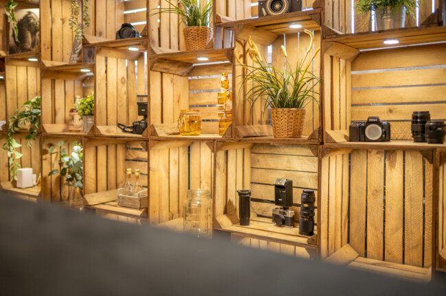 Holzkisten bilden ein Wanddisplay mit verschiedenen Kameras, Pflanzen und Dekorationsartikeln.