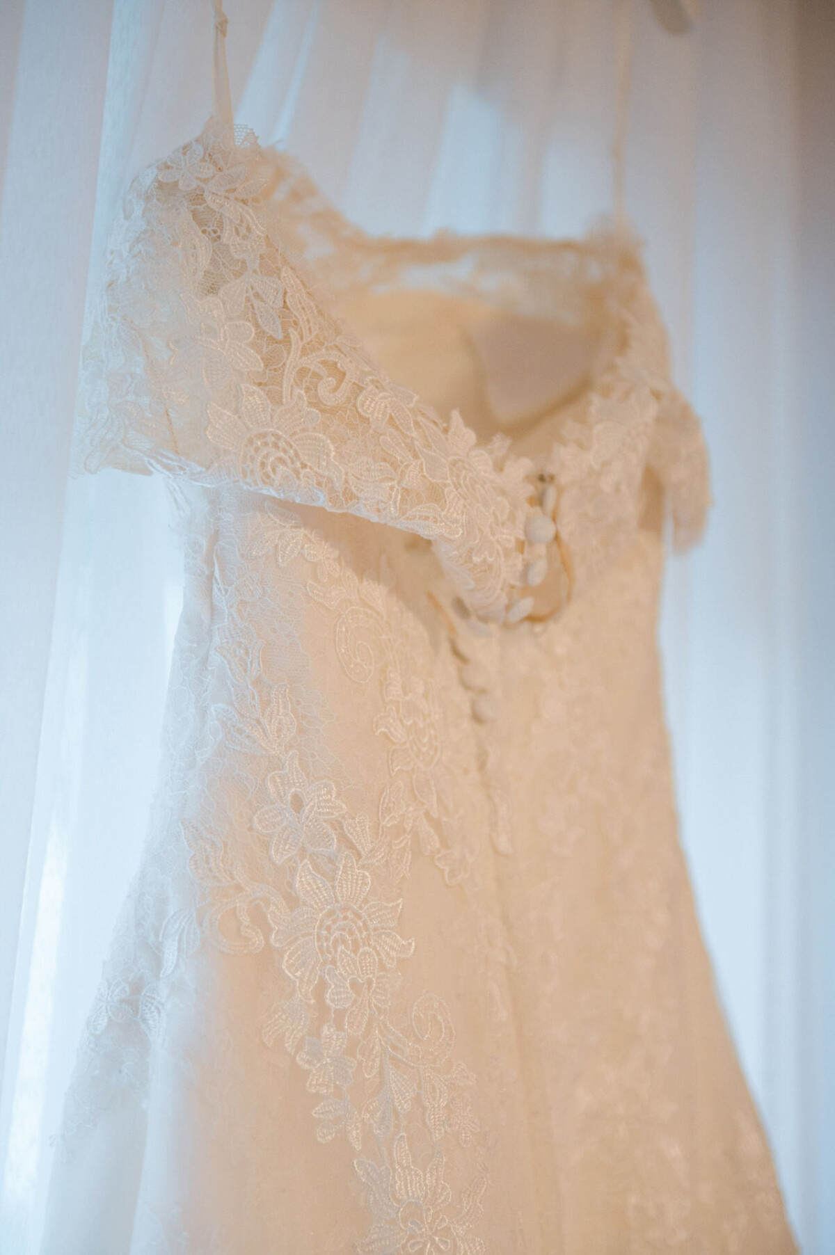 Ein weißes Spitzenbrautkleid hängt vor einem hellen Vorhang und hebt komplizierte Blumenmuster und Knopfdetails hervor.