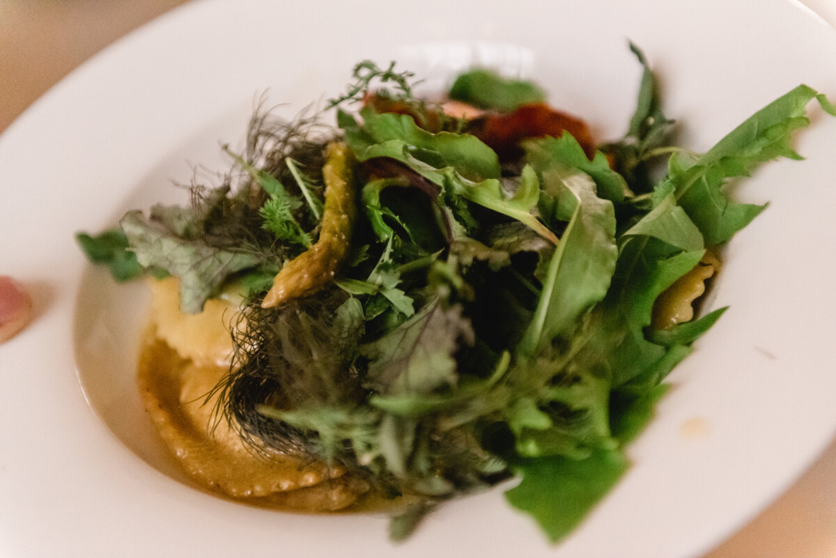 christian-lorenz.net Ein weißer Teller mit Ravioli, garniert mit verschiedenen grünen Blattkräutern und Gemüse.